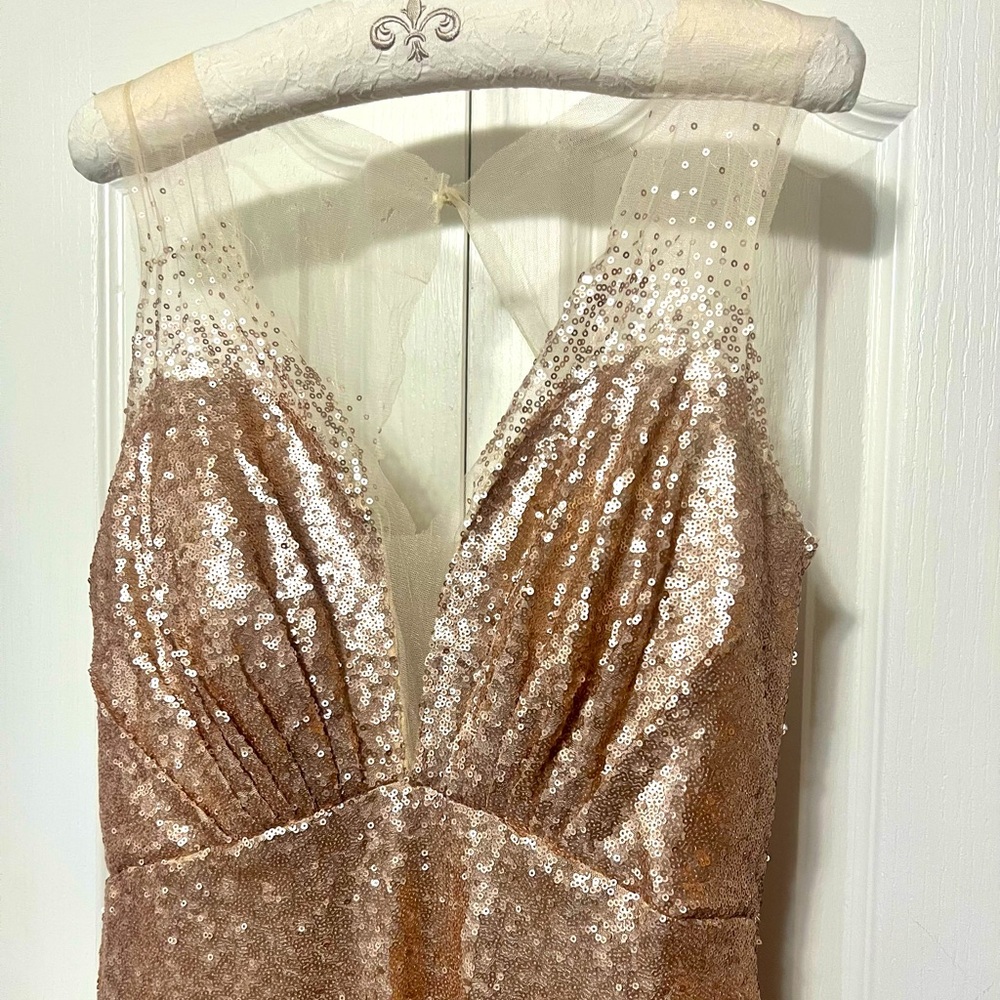 Rose Gold Sequin Gown with Mermaid train & sheer net neckline/back EUC like new
